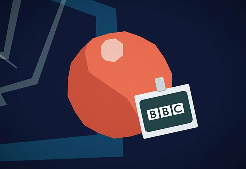 Still from BBC Information Security e-learning animations — produced by Matobo; an abstract character wears a BBC name-badge