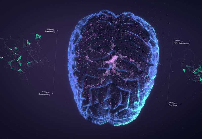 Still from 3D animated promo for CARMEN Neuroscience platform — A glowing wireframe image of the human brain