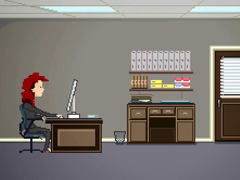 Still from animated promo for the Higher Education Achievement Report — pixel-art woman uses a desktop computer in her office