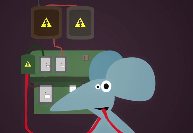 Still from animated short film Nom Nom Nom — a mouse chews an electric cable by a fusebox