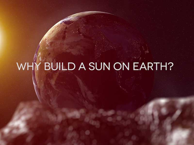 Title shot from animated documentary Why Build a Sun on Earth — 3D rendered scene of earth-rise seen from the moon