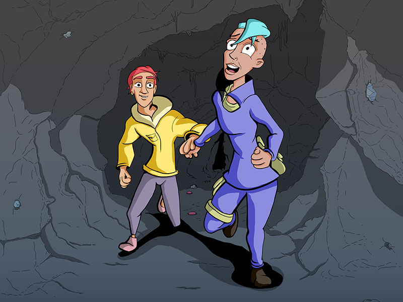Thumbnail artwork from the digital comic Further Adventures; Characters Jack and Annie run hand in hand through an alien cave