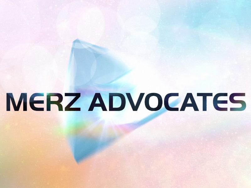 A CGI glass pyramid with optical flares and the title "MERZ Advocates" spinning in place against a bright starry background.