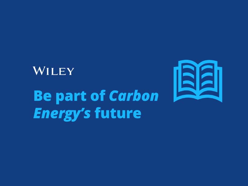 The image shows the Wiley logo, along with an icon of a journal, and the text 'Be part of Carbon Energy's future.