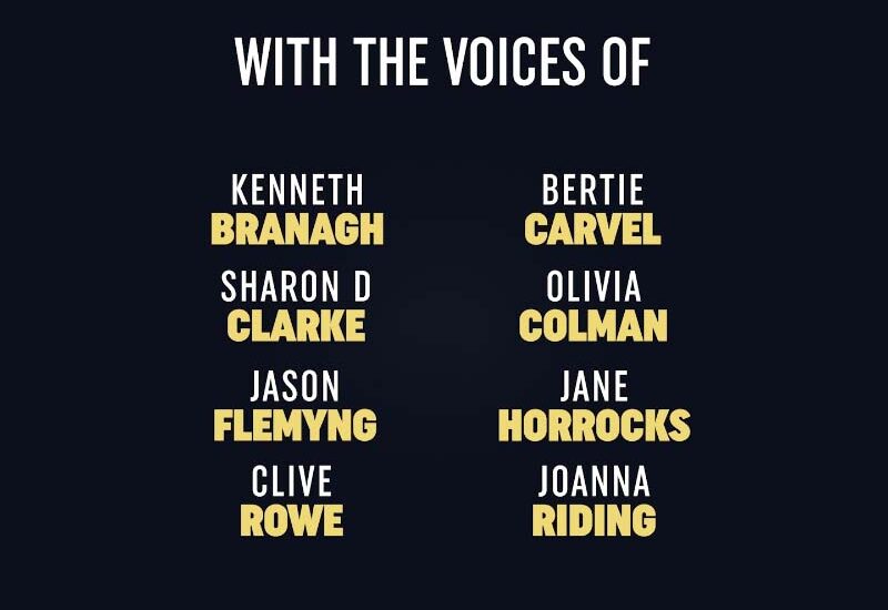 The cast list of a Peter Pan audiobook in aid of Great Ormond Street. The text reads: ‘with the voices of Kenneth Branagh, Sharon D Clarke, Jason Flemyng, Clive Rowe, Bertie Carvel, Olivia Colman, Jane Horrocks, Joanna Riding’.