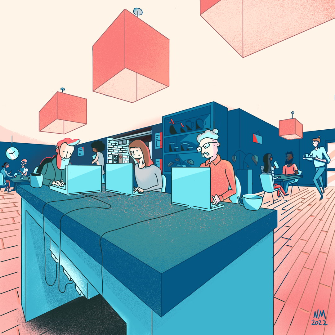 Laptop workers in a cafe with people having conversations on tables around them. Digital illustration.