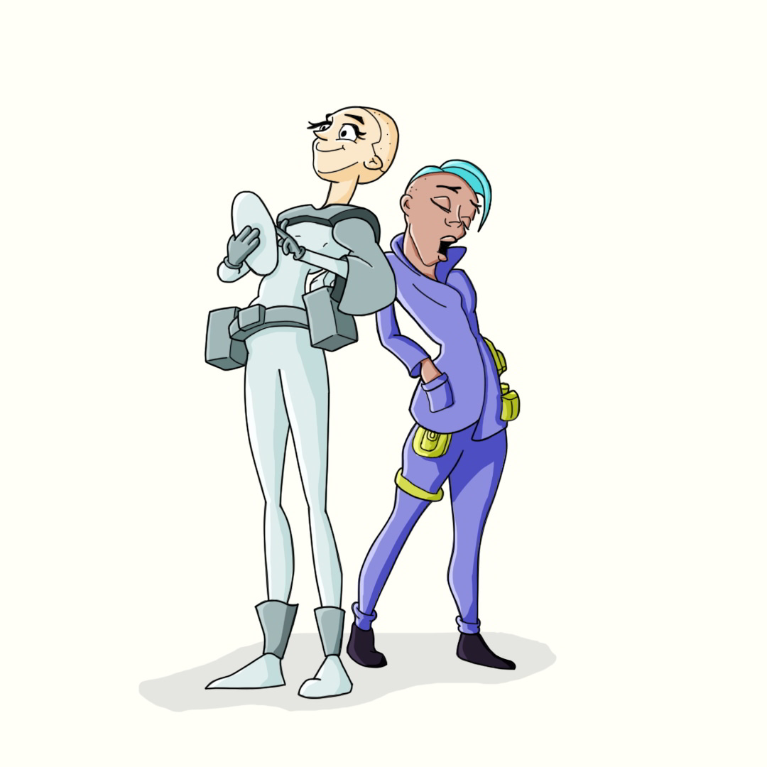 Characters standing. Elen wears futuristic armous and stands upright. Annie yawns and slouches