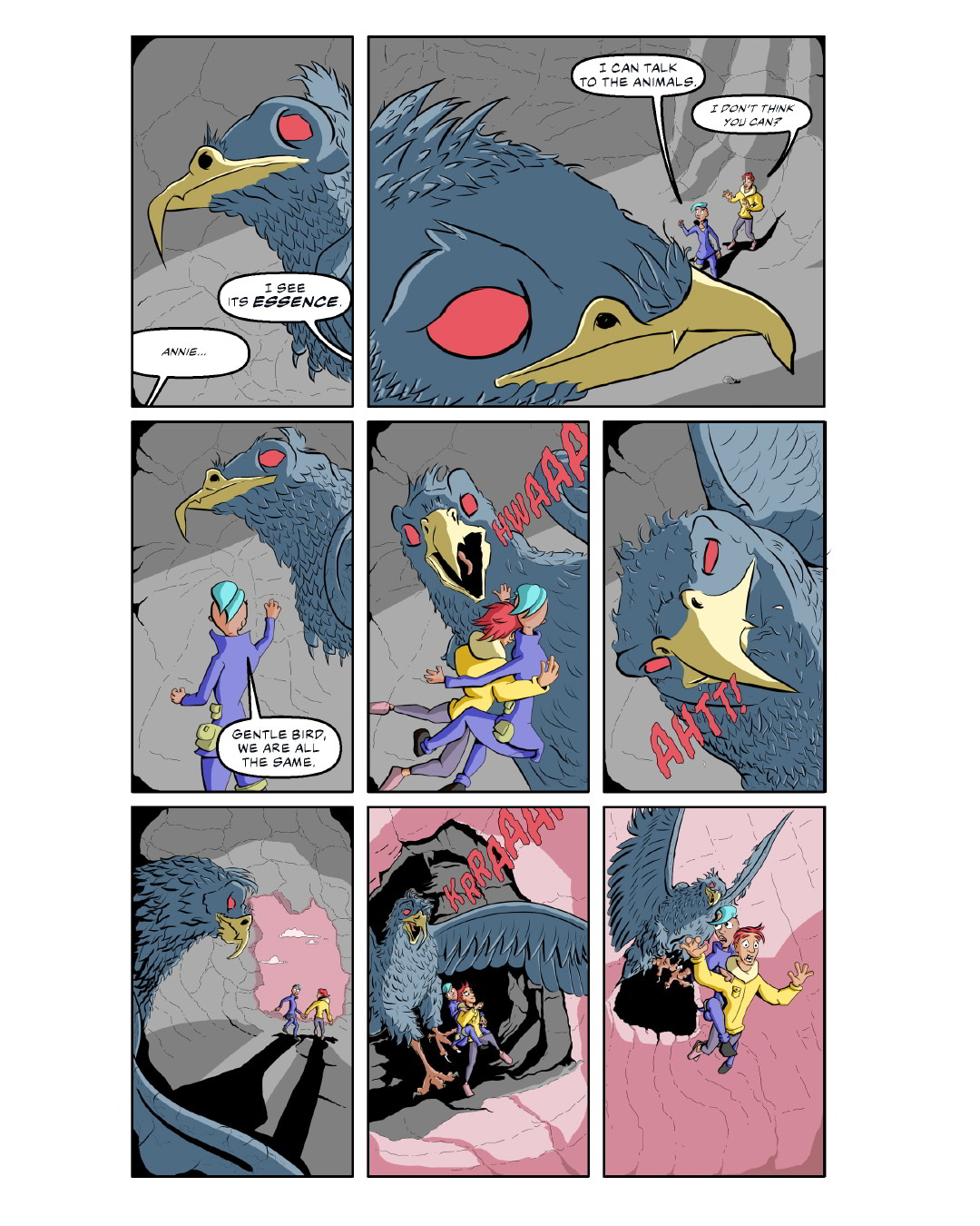 Panels from a webcomic, two spacefaring heroes in the lair of a big bird