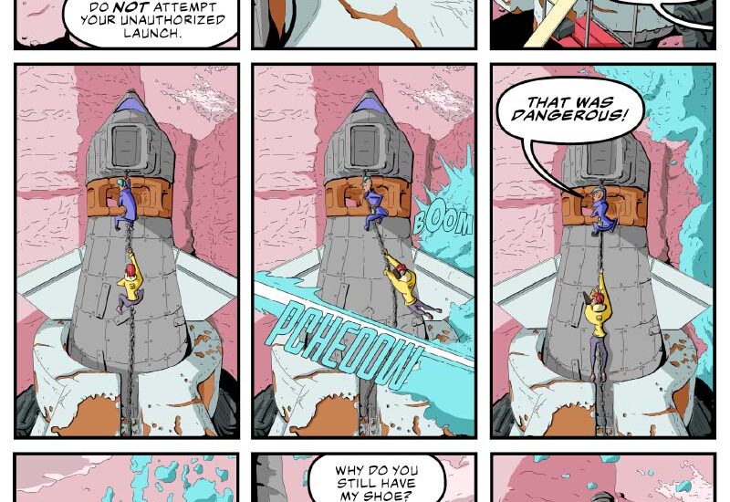 Panels from a webcomic. A man climbs the side of s spaceship. A laser narrowly misses him. He shouts 'that was dangerous!'