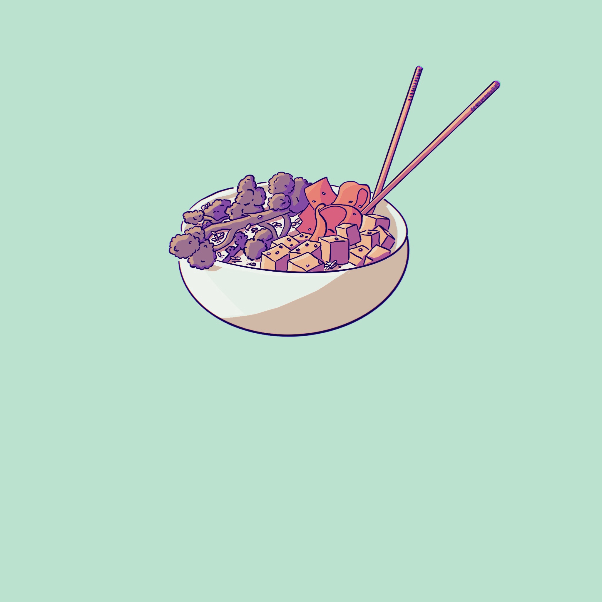 Tofu rice bowl. Illustrated.