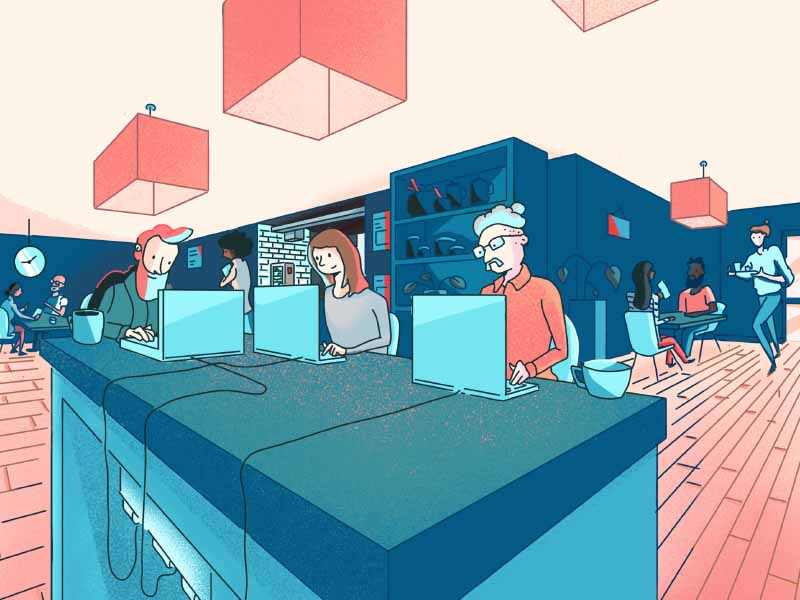 Laptop workers in a café. Digital illustration.
