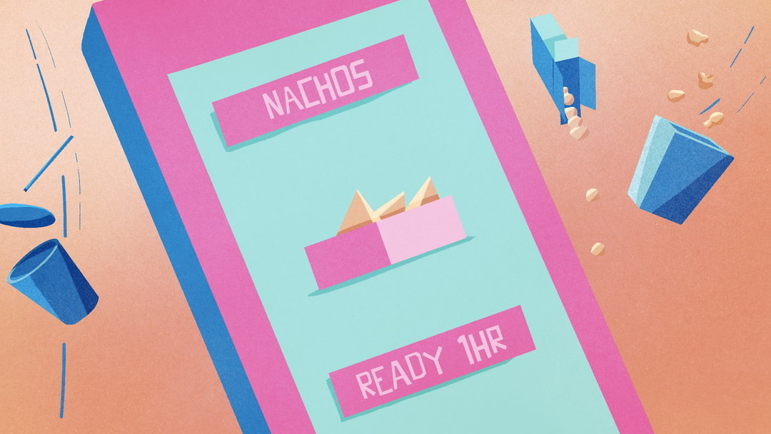 abstract phone shows the text 'Nachos, ready one hour' as other snacks fall in the background