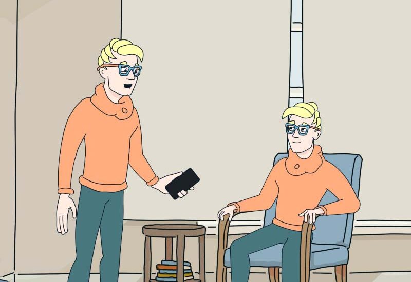 Animated sitcom still. Two clones of Nikolaus. One confronts the other while holding a smartphone.