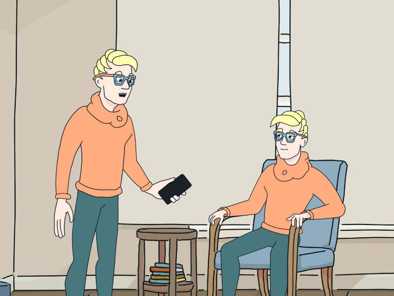 Animated sitcom still. Two clones of Nikolaus. One confronts the other while holding a smartphone.