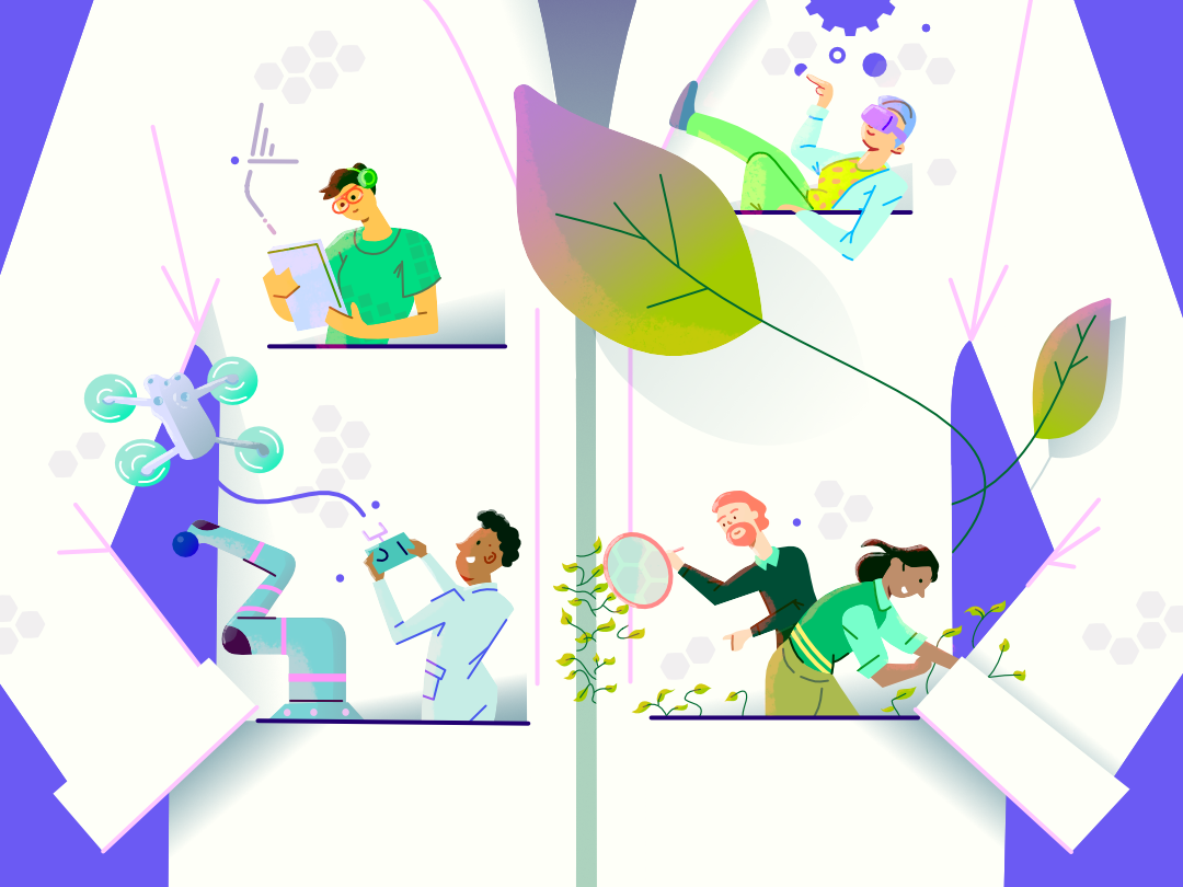 A stylized illustration of a white lab coat with four pockets. Each contains cartoon-style scientists engaged in activities. In the top left pocket, a person reads a notebook while wearing green headphones. The top right shows someone lounging with virtual reality goggles. The lower left pocket has a scientist interacting with a robotic arm and drone. The lower right shows two researchers examining plant growth with a magnifying glass. Large, colourful leaves extend across the lab coat. The background is a gradient of purples and blues with subtle hexagonal and cog-like shapes. A foggy faded York skyline is faintly visible at the bottom of the image.